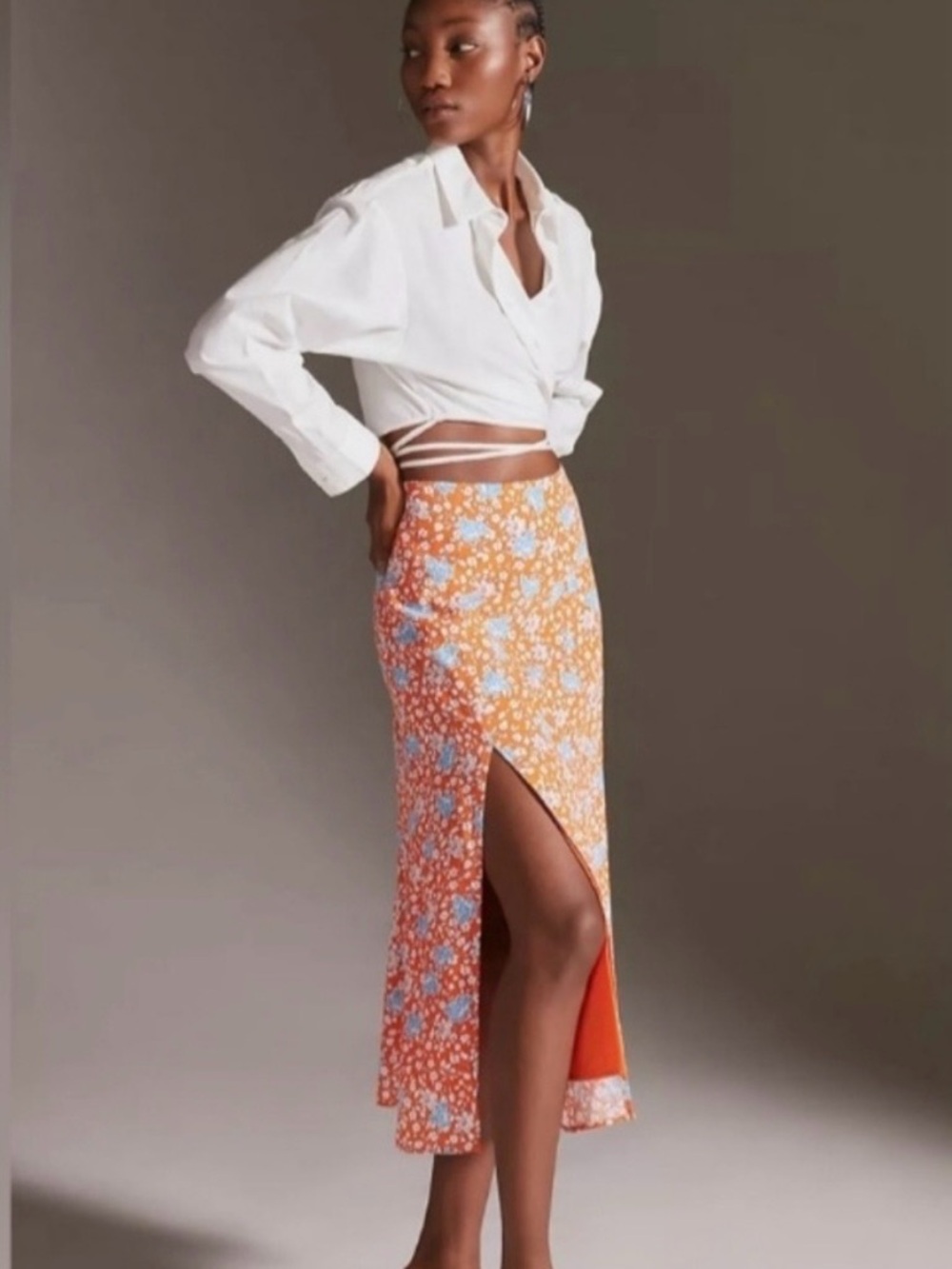 Maeve Anthropologie Women's Midi Skirt Sz US 8 Orange White And Blue Viscose